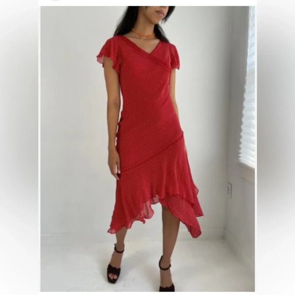Adrianna Papell Silk Polka Dot Asymmetrical Hem Dress in Red & Cream Siz… - Picture 12 of 12